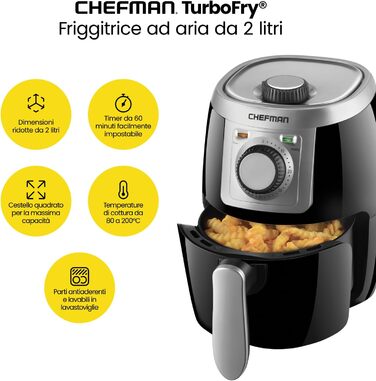 Фритюрниця Chefman 2L: компактна, чорна, з антипригарним кошиком та цифровим таймером