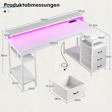 Ігровий стіл L-подібний з LED, 3 ящики, USB-порт, розетка, білий 160x80 см - для дому та геймінгу
