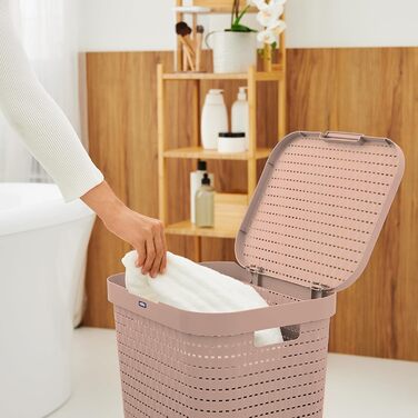 Кошик для білизни Rotho COUNTRY з кришкою, рожевий, 55 л, у стилі ротанг, BPA Free