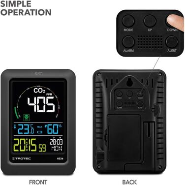 Вимірювач CO2 Trotec BZ30 – монітор якості повітря, вологості та температури, діапазон вимірювання 0-9999 PPM, похибка +-75 PPM + 5%, даталогер на 50000 вимірювань (з індикатором комфорту)