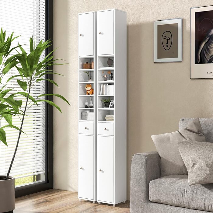 Вузька шафа для ванної кімнати GIANTEX, 20x20x180 см, біла, з шухлядою, 2 дверцятами та 5 відкритими полицями, для ванної та вітальні