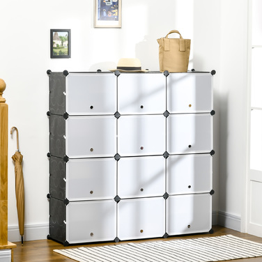 Модульна стелажна система, конфігурується з 12 кубів, розміром 125 x 32 x 125 см, з міцного пластику та сталі, колір чорний.
