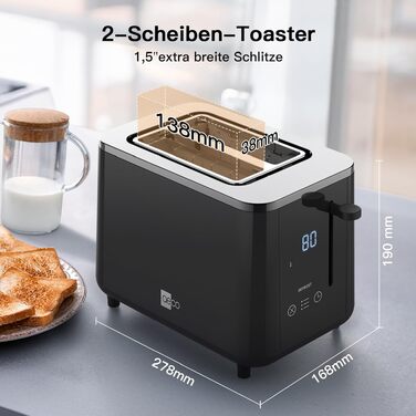 Тостер aeco toastlab Elite 2-слотовий з підставкою для булочок, 6 рівнів підсмажування, 10 програм, 850 Вт, LCD-дисплей, функція підйому, розморожування, піддон для крихт (LED-Touch)