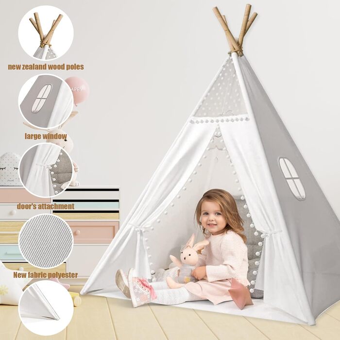Дитячий намет-типі Kindertipi Dacron 120x120x160 см з вікном, для дому, білий. Стабільний намет-типі для дітей з 4 дерев'яними опорами