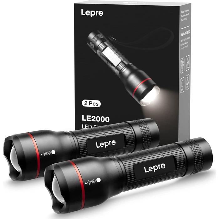 Lepro LED ліхтарик LE2000, надяскравий, 5 режимів, зум, водонепроникний, для кемпінгу, туризму, риболовлі, подарунок (2 шт.)