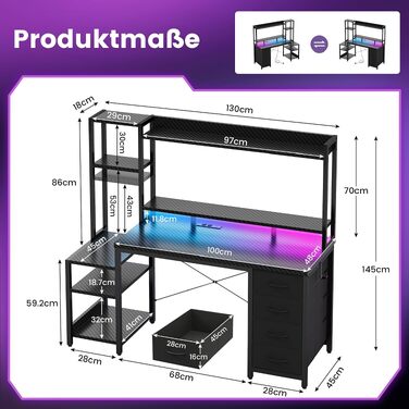 Ігровий стіл YOUDENOVA з шухлядами та полицями, 130x48 см, з LED-підсвіткою, розеткою та USB, комп'ютерний стіл з підставкою для монітора та тримачем для навушників, вуглецеве волокно, чорний
