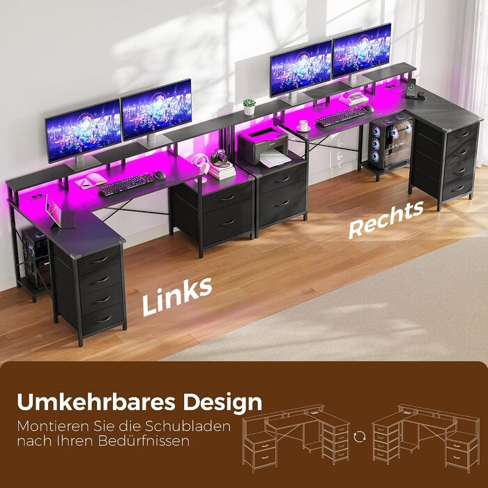 Ігровий кутовий стіл IRONCK L-подібний з LED-підсвіткою, розетками (2AC+1USB+1C), 6 шухлядами та підставкою для монітора, 189x100 см, чорний