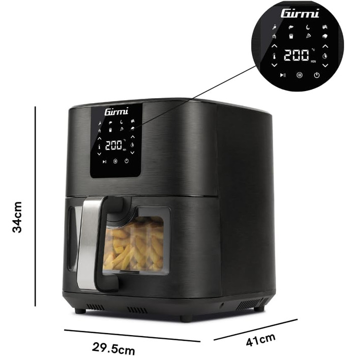 Аерофритюрниця Girmi FG26 Ecofrit Bis з двома зонами приготування, 9 л, 2400 Вт, цифровий дисплей, антипригарне покриття, чорна
