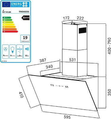 Витяжка кухонна KKT KOLBE TRIO8025S 80 см, чорна, скло, керування жестами та SensorTouch, LED-підсвітка, режим рециркуляції та відведення, продуктивність 782 м³/год