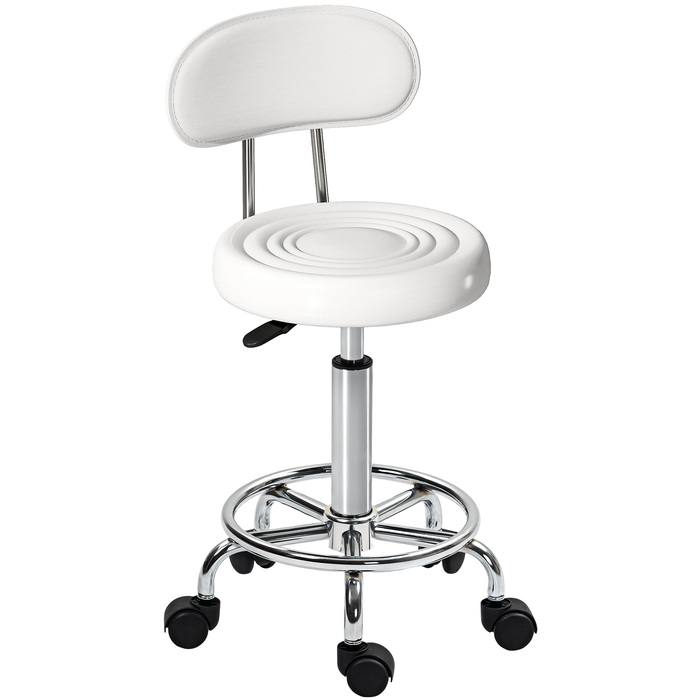 Офісний стілець-табурет на колесах, обертовий та регульований, зі спинкою, підставкою для ніг, оббивка зі штучної шкіри, білий, для перукарні