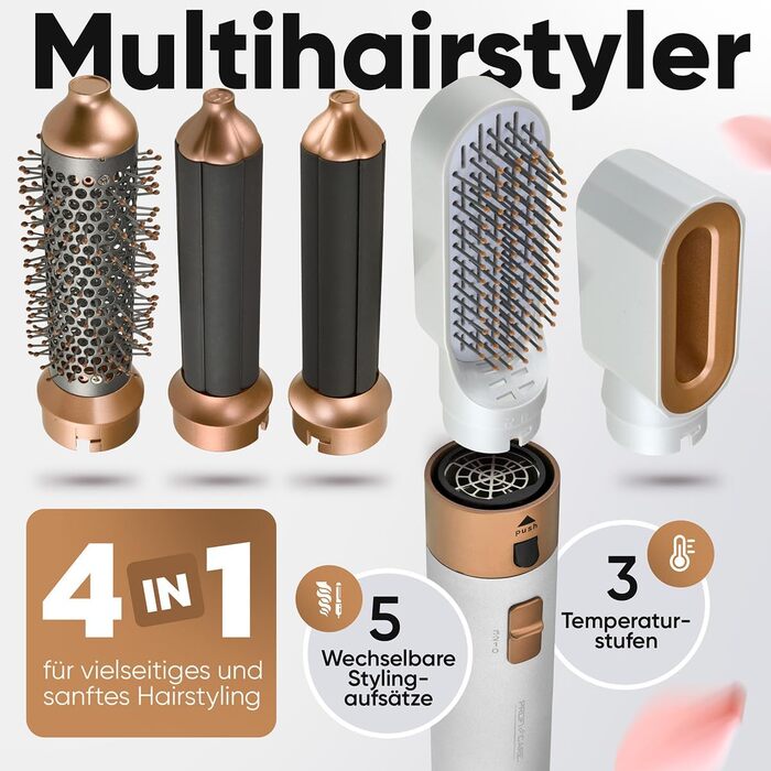 ProfiCare PC HAS 3132 Airstyler 4-в-1: Фен-щітка для локонів, об'єму, випрямлення та сушіння волосся 1000W, біло-рожевий