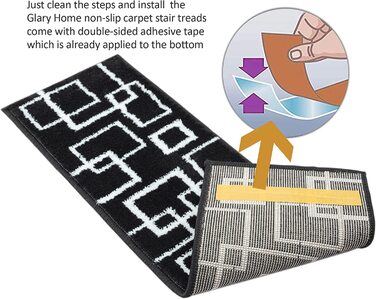 Комплект 15 килимків для сходів Glary Home, 22×71×1,2 см, самоклеючі, квадратний візерунок, біло-чорні