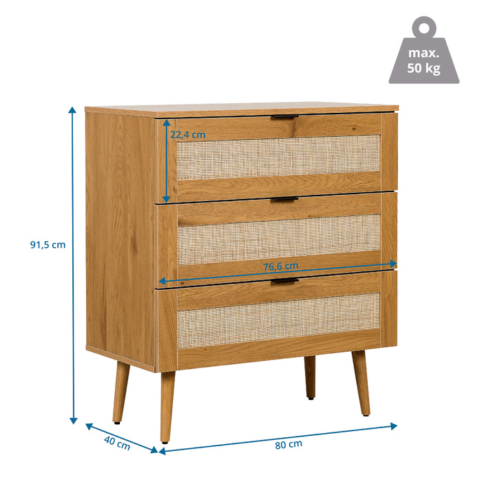 Комод BOHEO K 80x40x91 см 3 шухляди ротанг плетений дуб hjh LIVING