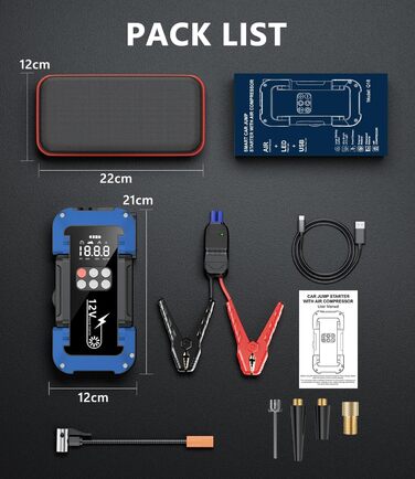 Портативний пусковий пристрій Starthilfe Powerbank з компресором 150PSI, 4000A, 12V для автомобілів та 8.0L дизель, 26800mAh, 4-в-1 з LED-ліхтариком та LCD дисплеєм