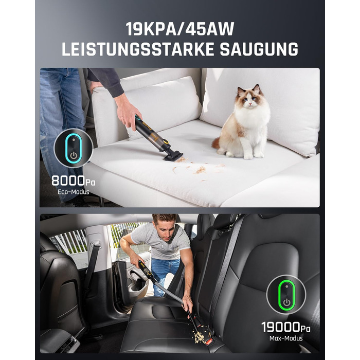Потужний акумуляторний автопилосос Fanttik Slim V8 Apex, 19000 Па, 45 AW, RobustClean™, 4-в-1, міні-насос, портативний пилосос для авто і дому, чорний