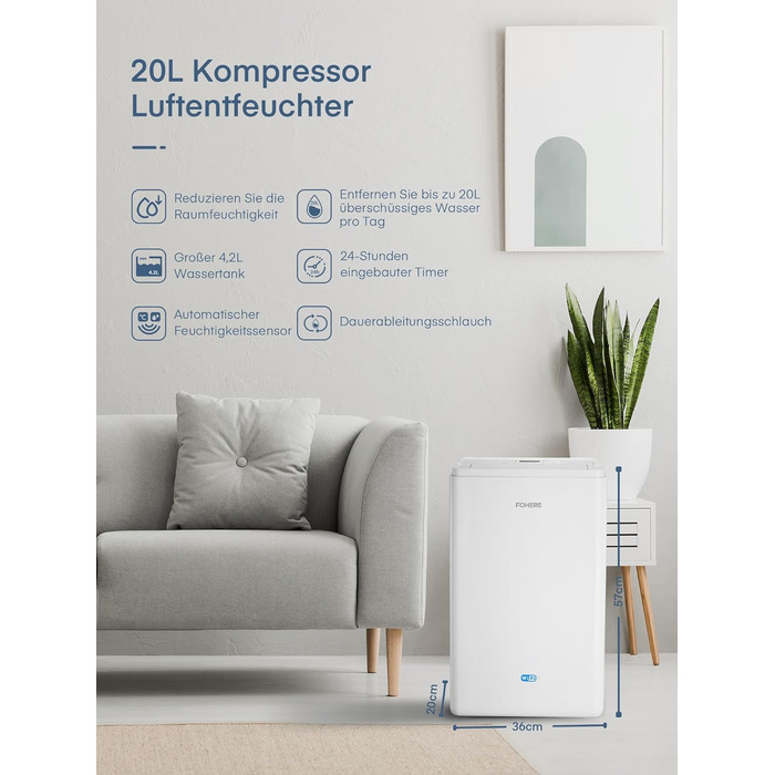 Електричний осушувач повітря FOHERE 20л/добу з Wi-Fi, для 135 м³ (50 м²), безперервний дренаж, сушка білизни, таймер, автоматичне вимкнення