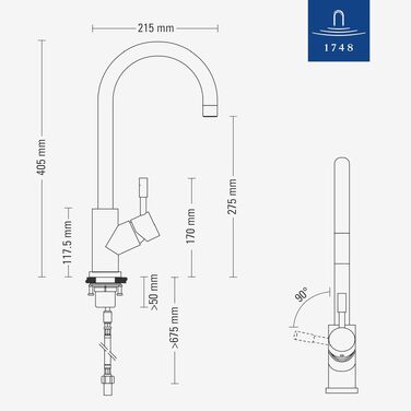 Змішувач кухонний Villeroy & Boch Umbrella Flex з висувним душем, поворотний на 360°, економний, висота виливу 220 мм (Золото)