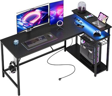 Ігровий стіл Bestier з LED-підсвіткою, кутовий, з 2 USB-портами та 3 розетками, з полицею та підставкою для монітора, великий для офісу та спальні, 147 x 80 см, чорний, з карбоновим покриттям
