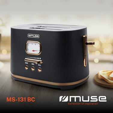 Тостер Muse MS-130 BC чорний ретро, 2 тости, 6 рівнів підсмажування, з піддоном для крихт
