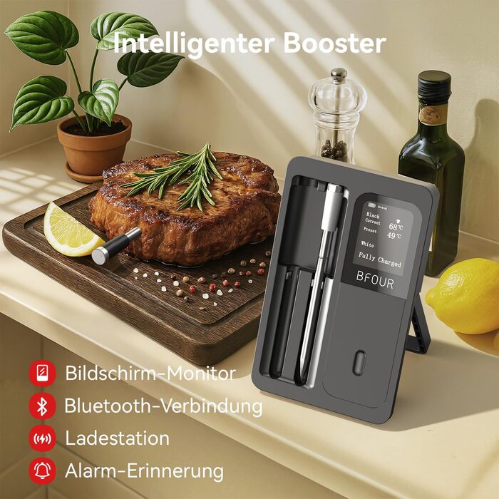 Бездротовий термометр для м'яса BFOUR з 2 зондами, Bluetooth, LCD-дисплей, керування через APP, цифровий термометр для приготування на грилі, в духовці, мангалі, BF-40 PRO, чорний