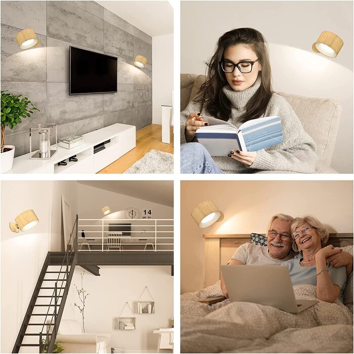 Feallive LED настінний світильник для інтер'єру, з акумулятором, сенсорне керування, 3 рівні яскравості, 360° обертання, бездротова лампа у деревному стилі для вітальні, спальні, коридору