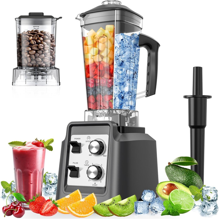 Блендер Teendow Standmixer 1800W зі скляною колбою 2л + кавомолка 600мл, срібний. Для смузі, льоду та заморожених фруктів, без BPA