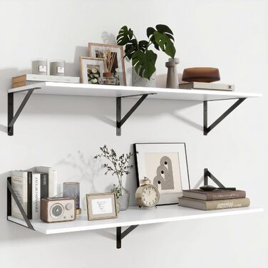 Полиця настінна Feihorrm 2 шт., дерев'яна з металевими кронштейнами, 90x30 см, біла - для вітальні, ванної, кухні, спальні
