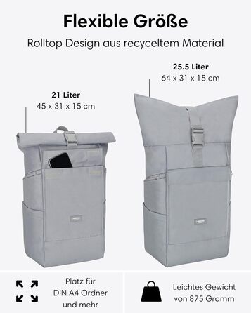 LARKSON рюкзак для жінок і чоловіків No 4 Large, ролтоп 21 л, відділення для 16'' ноутбука, універсальний для навчання, роботи, велосипеда, великий туристичний рюкзак з кріпленням на валізу, чорний-сірий