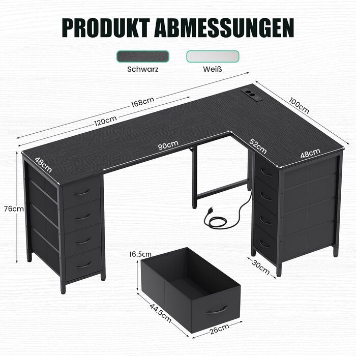 Кутовий стіл YOUDENOVA 150x100 см з шухлядами, розеткою та USB-зарядом, чорний. Стол L-подібний з місцем для зберігання