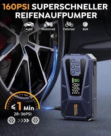 Пусковий пристрій (бустер) 8000A з компресором 160 PSI, Powerbank 12V для бензинових та дизельних двигунів до 12.0L, портативний стартер з LED-ліхтарем 600LM та кабелями
