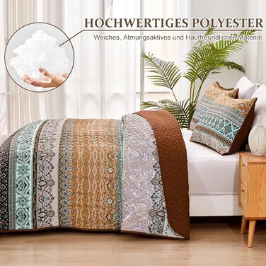 Покривало WONGS BEDDING Boho 220x240 см, стьобане, мікрофібра, 3 предмети: покривало і 2 наволочки 50x75, блакитне, для двоспального ліжка, спальня або диван