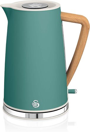 Електрочайник Swan Nordic Ultra 1,7 л, 2200 Вт, бездротовий, з дерев'яною ручкою, автоматичне вимкнення, зелений, сучасний дизайн