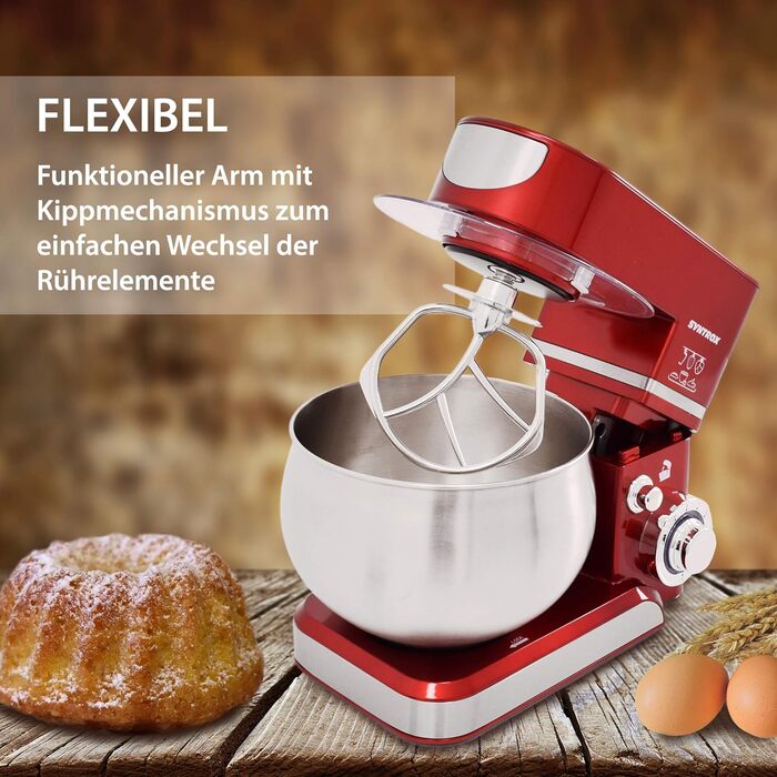 Кухонна машина Syntrox Germany KM-5.0L Basic Red, 5 л, з нержавіючої сталі, червона, тістоміс