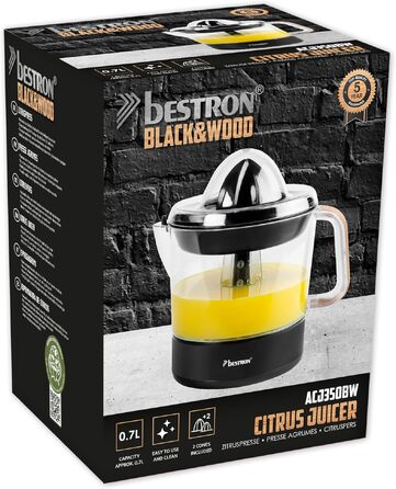Цитрусовий прес електричний Bestron Black & Wood 0.7 л для апельсинів та лимонів, 2 конуси, чорно-дерев'яний