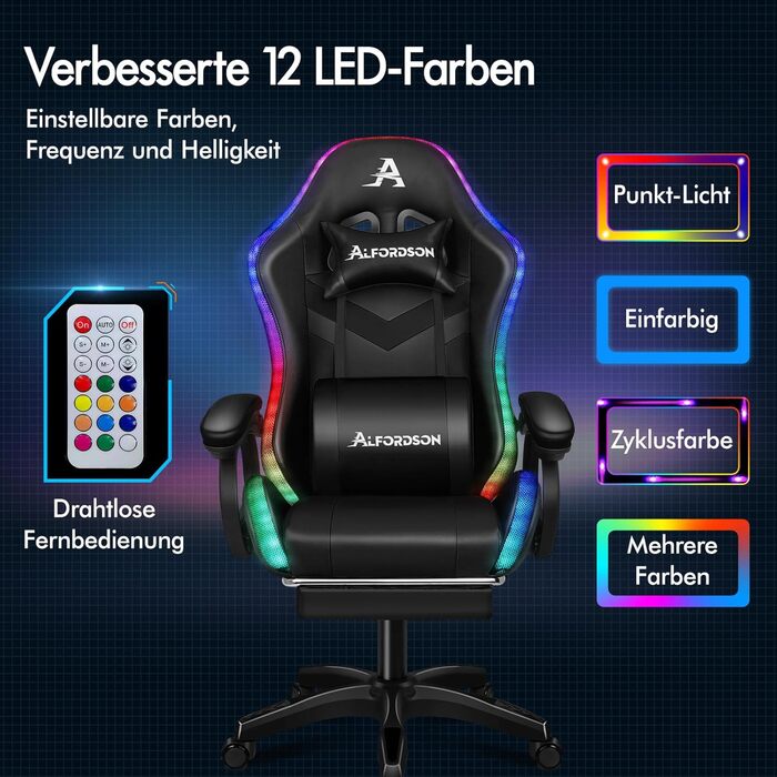 Ігрове крісло ALFORDSON з 8-точковим масажем, RGB LED підсвіткою, ергономічне, з підніжкою, підголівником і поперековою подушкою, для дітей та дорослих, чорне