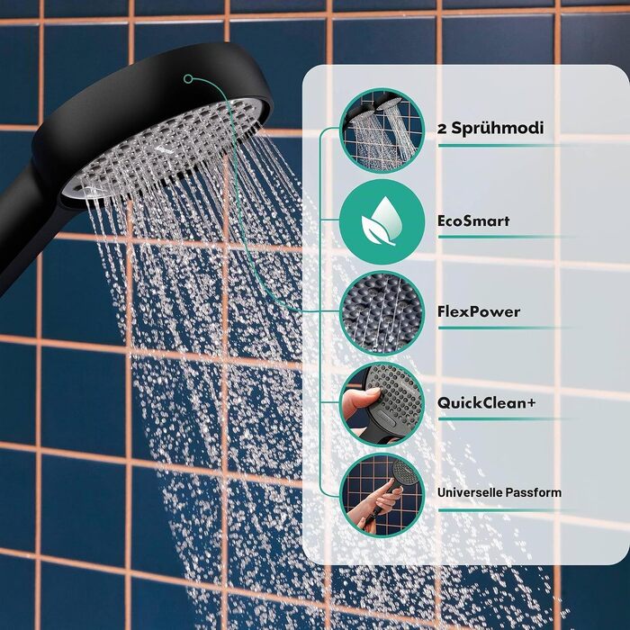 Душова лійка Hansgrohe Activera Select S EcoSmart з функцією Antikalk, матова чорна, 2 типи струменя, 8 л/хв, арт. 28033000