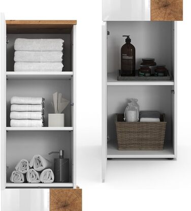 Високий шафа для ванної Vicco Eden, білий глянець/дуб Артизан, 40x184,2 см, 2 двері, шухляда