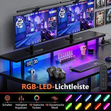 Кутовий ігровий стіл YOUDENOVA L-подібний з LED-підсвіткою, 4 шухлядами, розеткою та полицею для монітора, чорний, 142x107 см