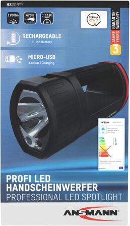 ANSMANN LED акумуляторний ручний прожектор 10400mAh, аварійне освітлення при відключенні електроенергії, до 100 годин роботи, зарядка через Micro USB або док-станцію