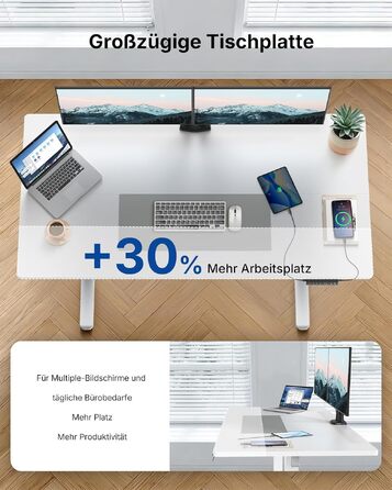 Регульований по висоті офісний стіл HUANUO 160x80 см з USB-C/USB-A, білий. Пам'ять на 4 положення, кабель-менеджмент