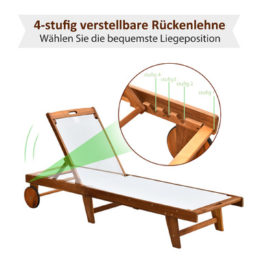 Шезлонг для відпочинку садовий, регульований, з акації, текстиль, натуральний + білий, 198 x 55 x 30-88,5 см