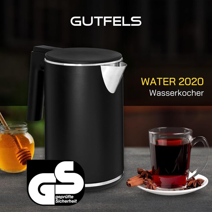 Електричний чайник GUTFELS WATER 2020, 2200 Вт, 1 л, подвійні стінки, з фільтром від накипу, захист від перегріву, чорний
