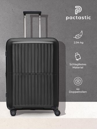 Легкий жорсткий валізний чемодан Pactastic, середній, 45x26x67 см, розширюваний до 80 л, 3,5 кг, поліпропілен, 4 подвійні колеса, замок TSA, чорний металік