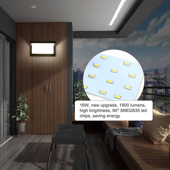 Світильник настінний вуличний LED 18W IP66, прямокутний світильник Up and Down з алюмінію для тераси, гаража та фасаду будинку, нейтральне біле світло