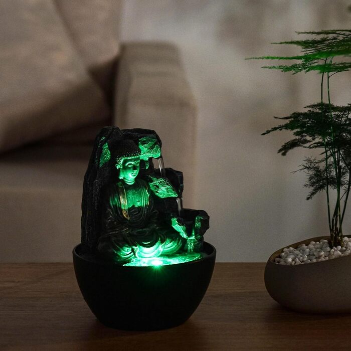 Декоративний кімнатний фонтан Будда з LED-підсвіткою, водоспад, Zen Feng Shui, Revata Zen'Light, 18 см – подарунок для дому, талісман на удачу