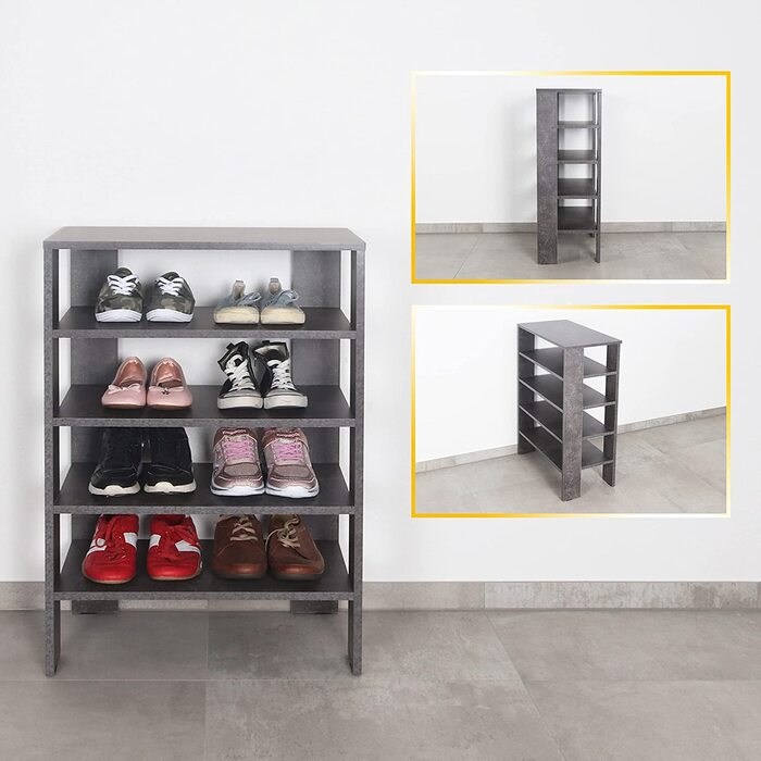 Вузька і висока полиця для взуття RICOO WM040-BG 88x60x32 см, 4-рівнева, пресована деревина, бетонний сірий, відкритий взуттєвий стелаж для передпокою