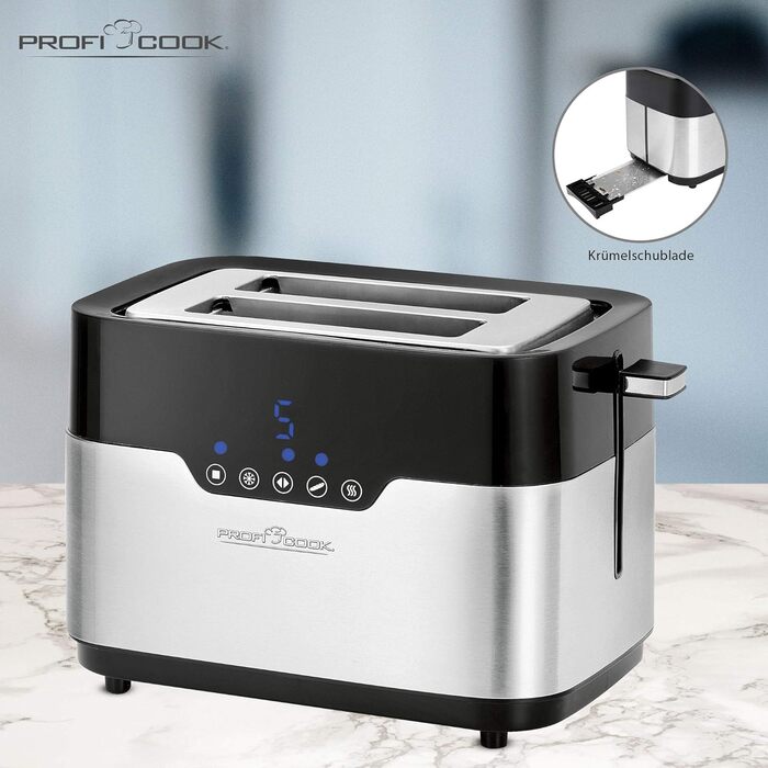 Тостер ProfiCook PC-TA 1170 з сенсорним управлінням, 2 скибки, підігрів булочок, 7 ступенів підсмажування, нержавіюча сталь, чорний