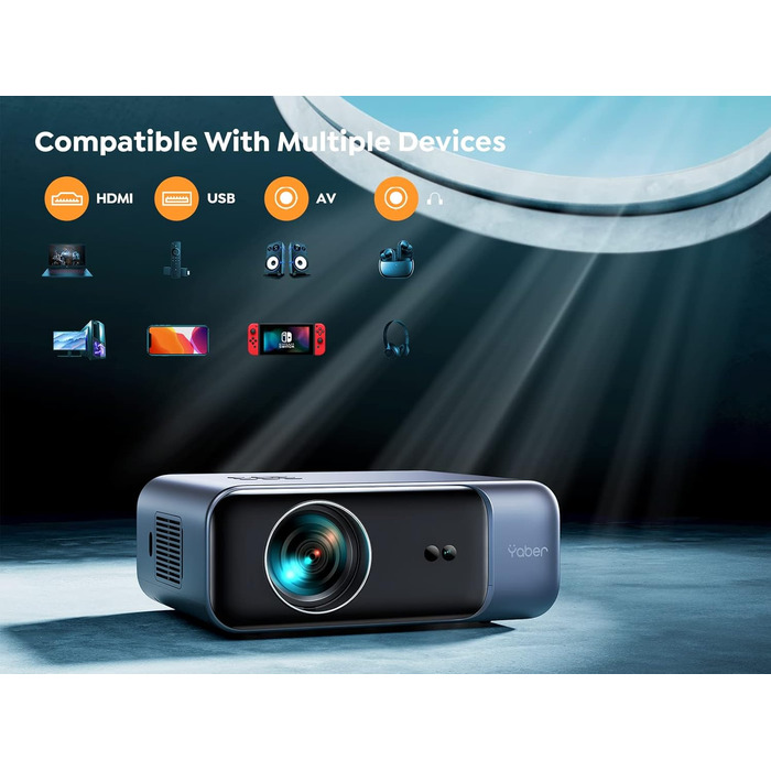 Проєктор для домашнього кінотеатру YABER Full HD 1080p (підтримка 4K), автофокус, автоматична корекція трапеції, WiFi 6, Bluetooth, портативний outdoor-проектор з екраном до 300