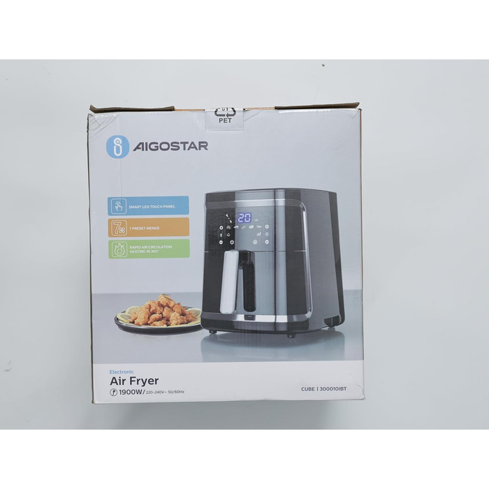 Aigostar Cube аерофритюрниця 7 л XXL, 1900 Вт, 7 програм, LED-екран, без олії, для 6-10 осіб, чорна