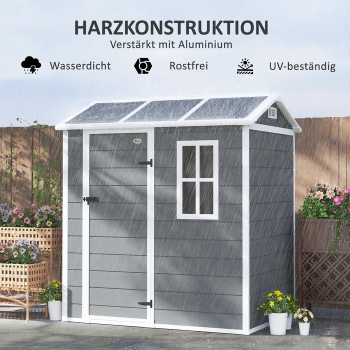 Садовий сарай Outsunny Пластиковий 2,1 м² 186 x 130 x 199 см Садовий сарай з двосхилим дахом Вікно Вікно, що замикається Погодостійкий садовий сарай Відкритий садовий сарай для заднього двору сірий